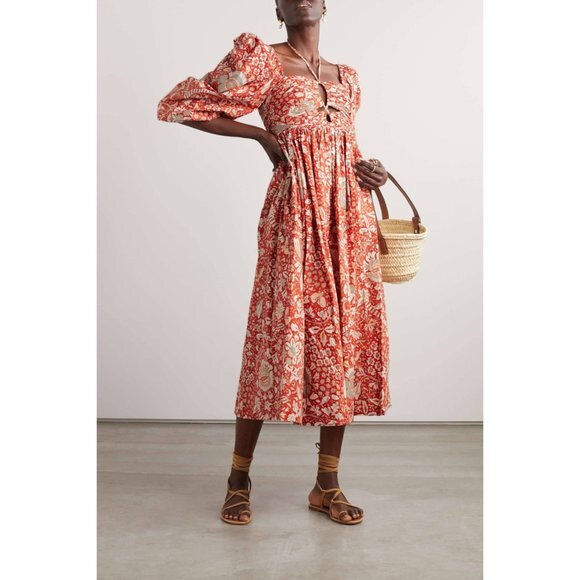 ULLA JOHNSON Alessa cutout ruched floral-print cotton-poplin midi dress Size 0 - Picture 1 of 9